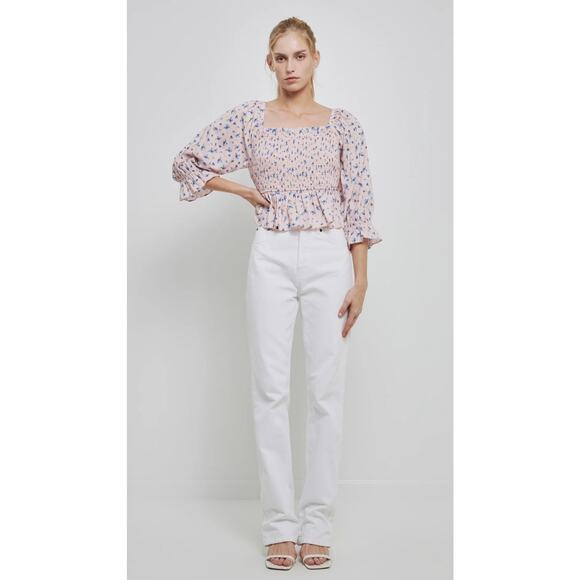 English Factory X Anthropologie Medium Pink Floral Square Neck Smocked Crop Top - Picture 1 of 11